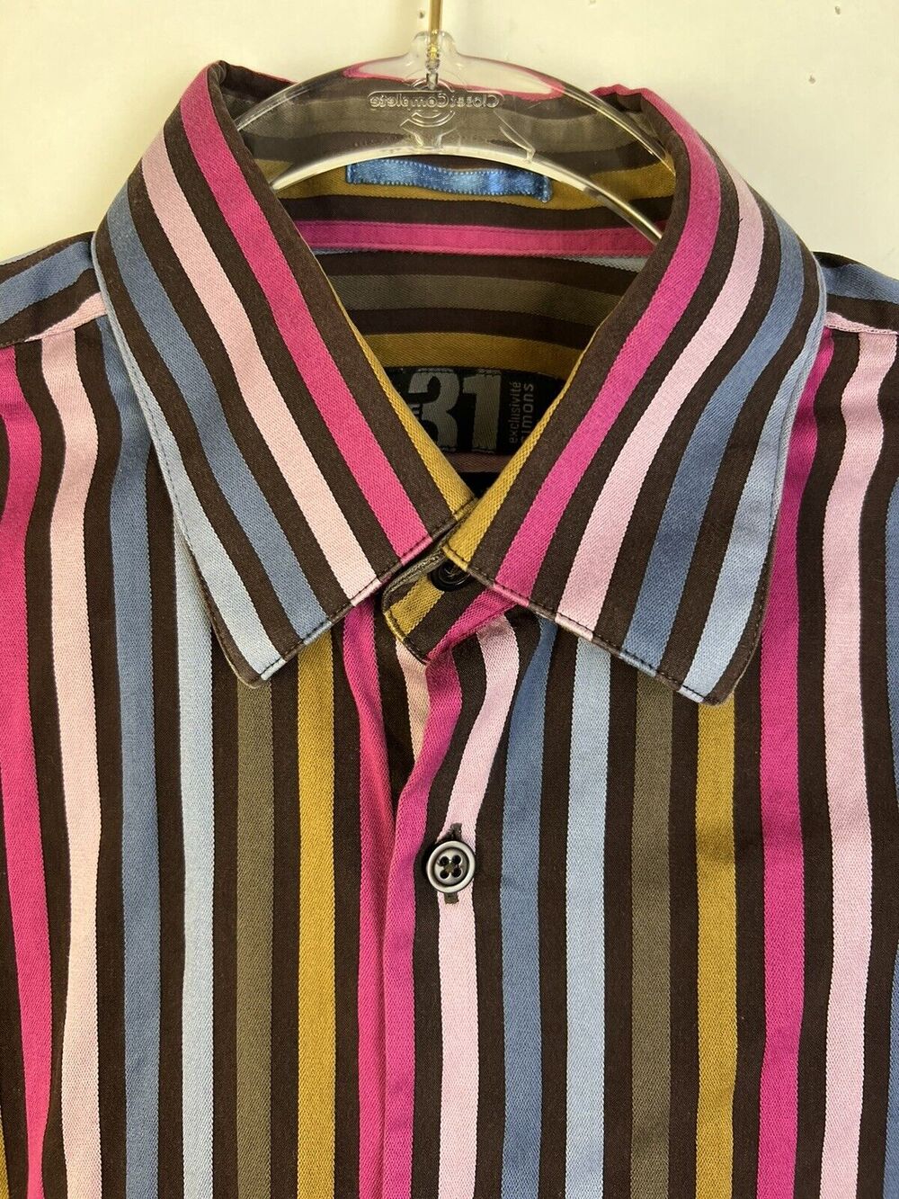 Le 31 Simon's Slim Fit Shirt Men's 15 R Multi Color Stripe Black Button Front